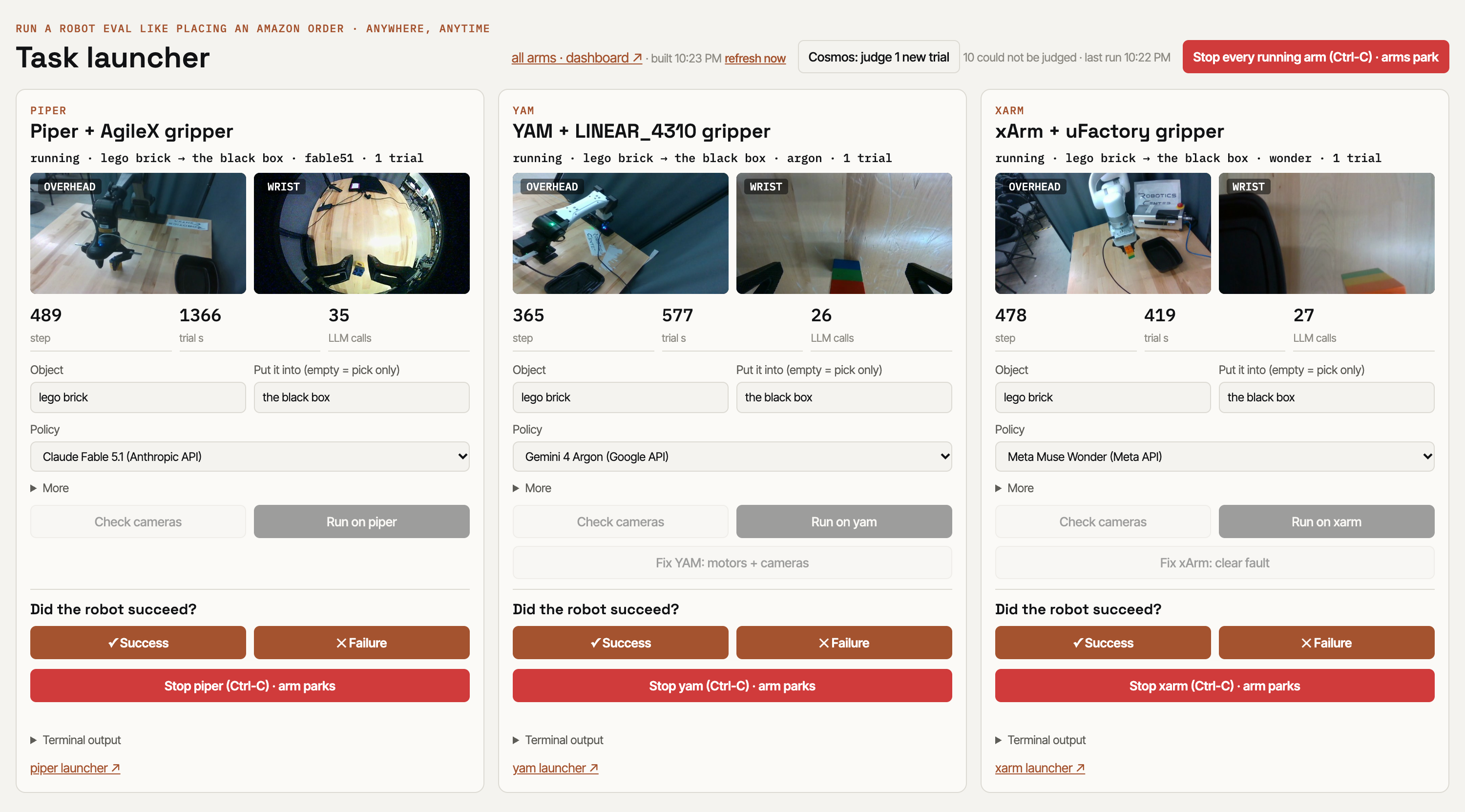 Task launcher: Piper, YAM and xArm running at the same time